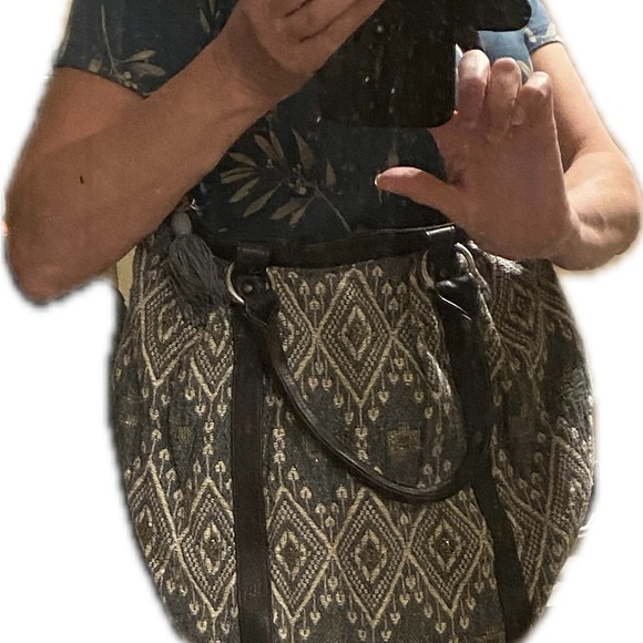 American Eagle cotton blend bag - blue with white & gold design/crotchet… - Picture 8 of 11